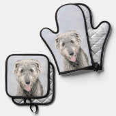 アイリッシュ絵を描ウルフハウンドのグレーオリジナルドッグアート 鍋つかみ&鍋敷きセット (正面/裏面)