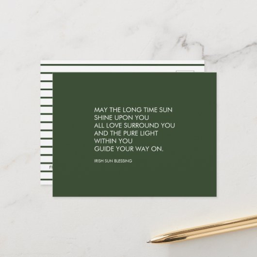 アイリッシュ賛美ズセージ緑&ホワイトストライプモダン ポストカード (正面/裏面インサイチュ)