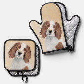 アイリッシュ赤と白セッター絵を描ズオリジナルアート 鍋つかみ&鍋敷きセット (正面/裏面)