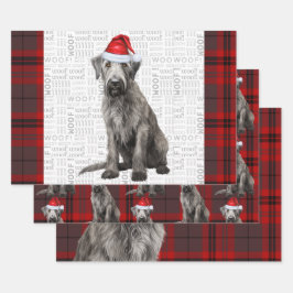 アイリッシュ・ウルフハウンド クリスマス犬 赤いホリデープレイド ラッピングペーパーシート