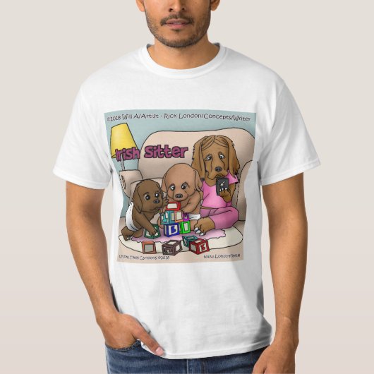 アイリッシュ・シッターズ コミックTシャツ。赤い大型犬が子守 Tシャツ (正面)