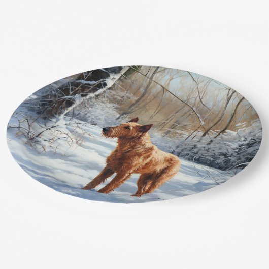 アイリッシュ・テリアは雪のクリスマスを過ごした ペーパープレート (アングル)