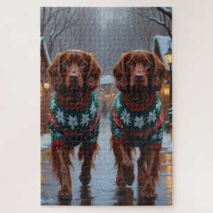 アイリッシュ・レッド・セッターの犬 クリスマス スノー ホリデー ジグソーパズル