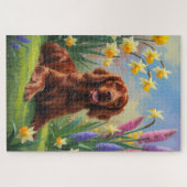 アイリッシュ・レッド・セッター 犬 春の花の絵画 ジグソーパズル (横)