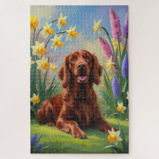 アイリッシュ・レッド・セッター 犬 春の花の絵画 ジグソーパズル (縦)