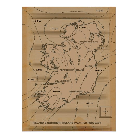 アイルランドおよび北アイルランドのビンテージ天気図 ポスター (正面)