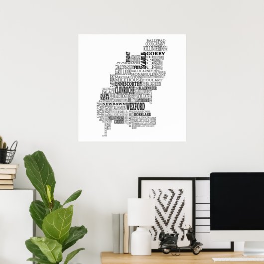 アイルランドのウェックスフォード社のブラックタイポグラフィック地図 ポスター (ホームオフィス)