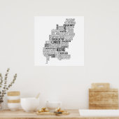 アイルランドのウェックスフォード社のブラックタイポグラフィック地図 ポスター (キッチン)