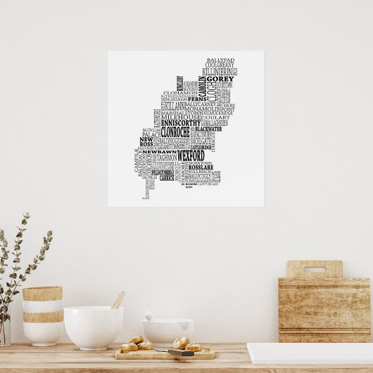 アイルランドのウェックスフォード社のブラックタイポグラフィック地図 ポスター (キッチン)
