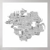 アイルランドのウルスターのブラックタイポグラフィック地図 ポスター (正面)