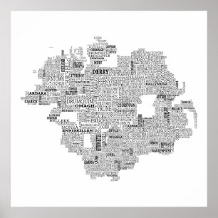 アイルランドのウルスターのブラックタイポグラフィック地図 ポスター