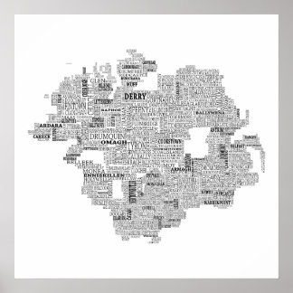 アイルランドのウルスターのブラックタイポグラフィック地図 ポスター