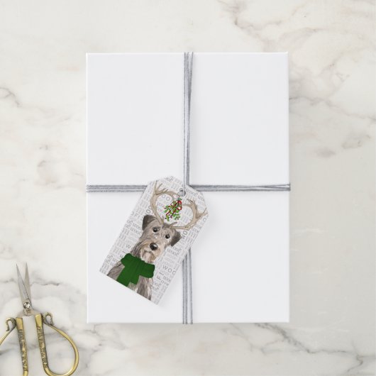 アイルランドのウルフハウンド犬で〔雄ジカの〕枝角クリスマス ギフトタグ (より糸付き)