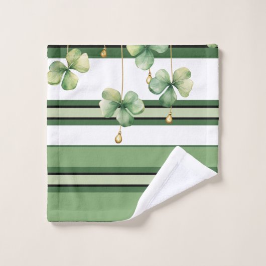 アイルランドのクローバーとストライプグリーンのサンパディの日 バスタオルセット (ウォッシュタオル)