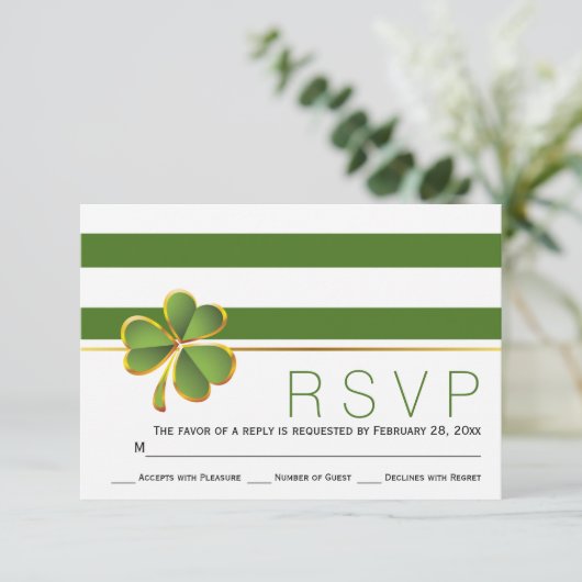 アイルランドのクローバーグリーンと白のストライプの結婚式の出欠確認 出欠カード (スタンド正面)