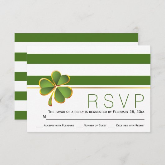 アイルランドのクローバーグリーンと白のストライプの結婚式の出欠確認 出欠カード (正面/裏面)