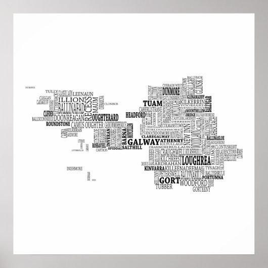 アイルランドのゴールウェイ共同のブラックタイポグラフィック地図 ポスター (正面)