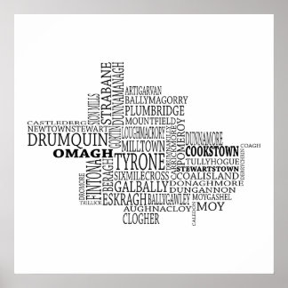アイルランドのタイロン社のブラックタイポグラフィ地図 ポスター
