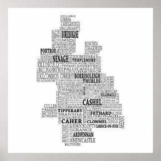 アイルランドのティペラリー社のブラックタイポグラフィック地図 ポスター