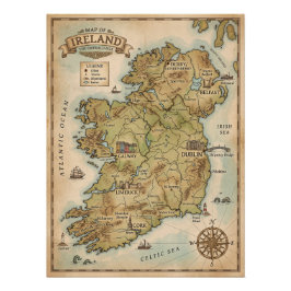 アイルランドのビンテージ地図 - エメラルドの島ポスター ポスター