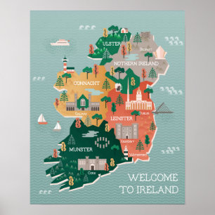 アイルランドの地図  ランドマークと都市 ポスター
