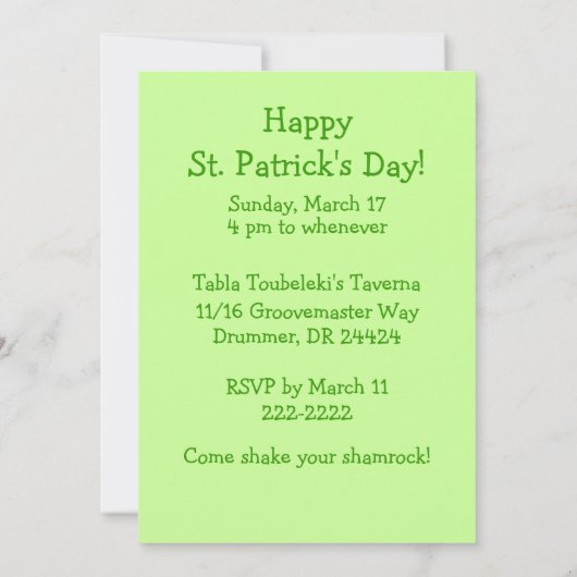 アイルランドの小妖精の帽子のおもしろいなセントパトリックの日のパーティー 招待状 (裏面)