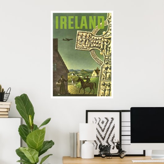 アイルランドの村、ケルトのクロス、ヴィンテージ旅行 ポスター (ホームオフィス)
