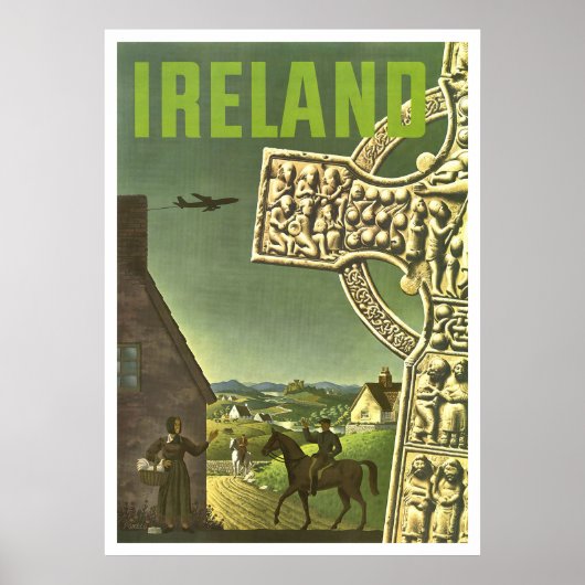 アイルランドの村、ケルト十字架、ヴィンテージな旅行 ポスター (正面)
