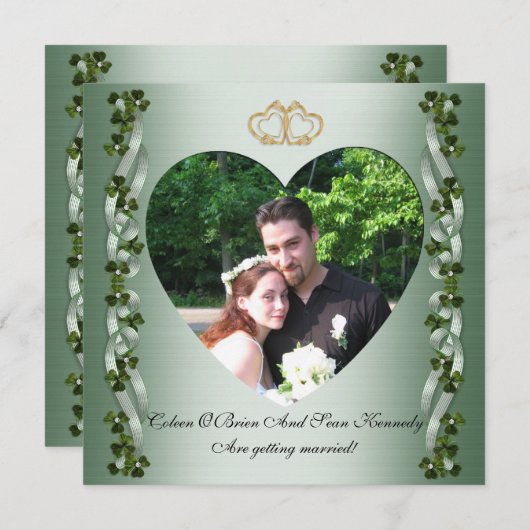 アイルランドの結婚式の日程を保存しよう シャムロックとリボン 招待状 (正面/裏面)