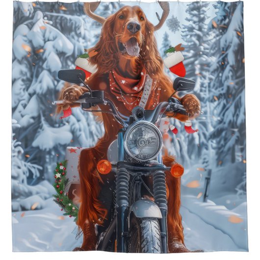 アイルランドの赤いセッタードウッグにオートバイのクリスマスに乗る シャワーカーテン (正面)