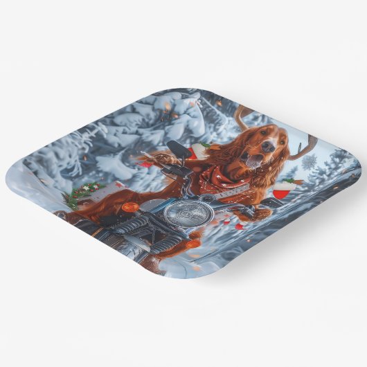 アイルランドの赤いセッタードウッグにオートバイのクリスマスに乗る ペーパープレート (傾斜あり)