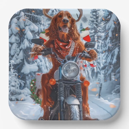 アイルランドの赤いセッタードウッグにオートバイのクリスマスに乗る ペーパープレート (正面)