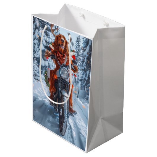 アイルランドの赤いセッタードウッグにオートバイのクリスマスに乗る ミディアムペーパーバッグ (裏面アングル)