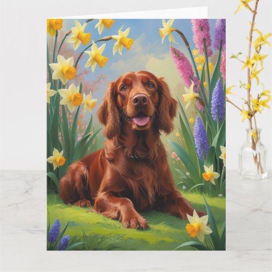 アイルランドの赤いセッター犬の春の花の絵 カード (黄色い花)