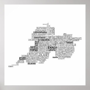 アイルランドの郡クレアのブラックタイポグラフィック地図 ポスター