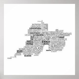 アイルランドの郡クレアのブラックタイポグラフィック地図 ポスター