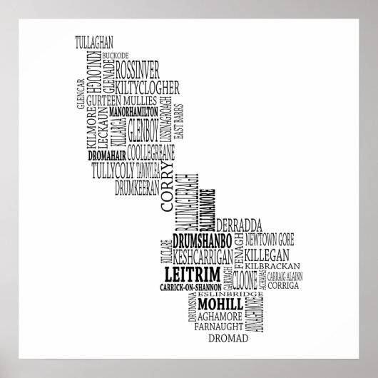 アイルランドのCo. Leitrimのブラックタイポグラフィ地図 ポスター (正面)