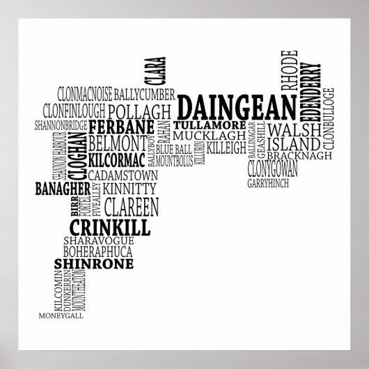 アイルランドのCo. Offalyのブラックタイポグラフィ地図 ポスター (正面)