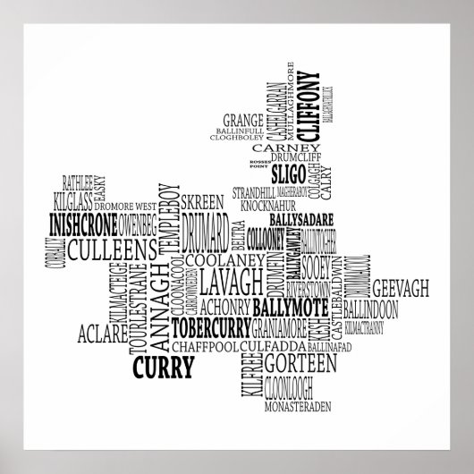 アイルランドのCo. Sligoのブラックタイポグラフィ地図 ポスター (正面)