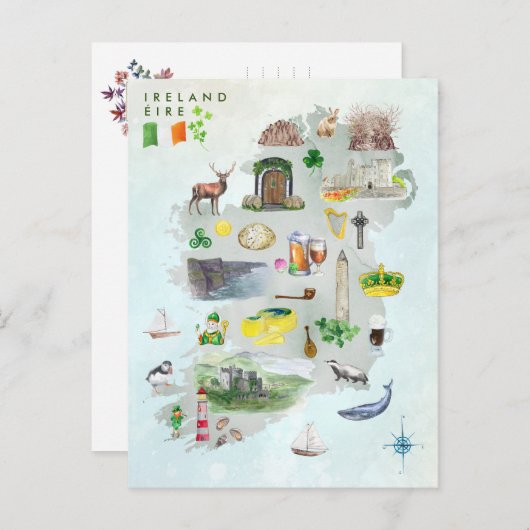 アイルランド図解入りの、写真付きのアートの水彩地図 ポストカード (正面/裏面)