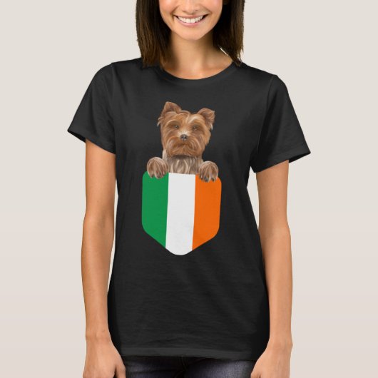 アイルランド国旗Yorkshire Terrier Dog In Pocket Tシャツ (正面)