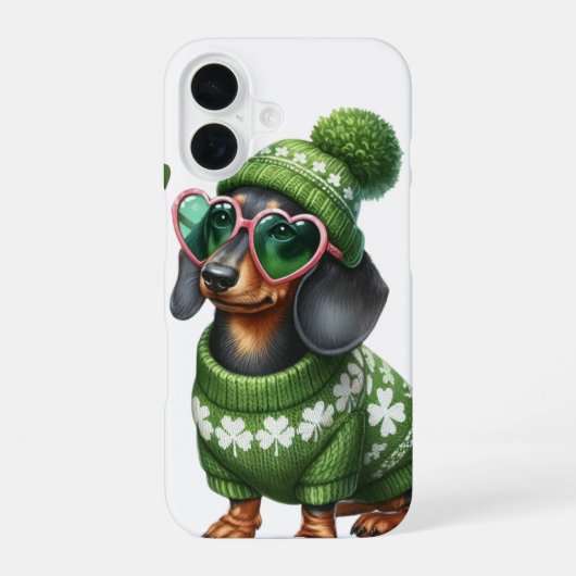 アイルランド服を着たかわいいダシュント犬 iPhone 16ケース (裏面)