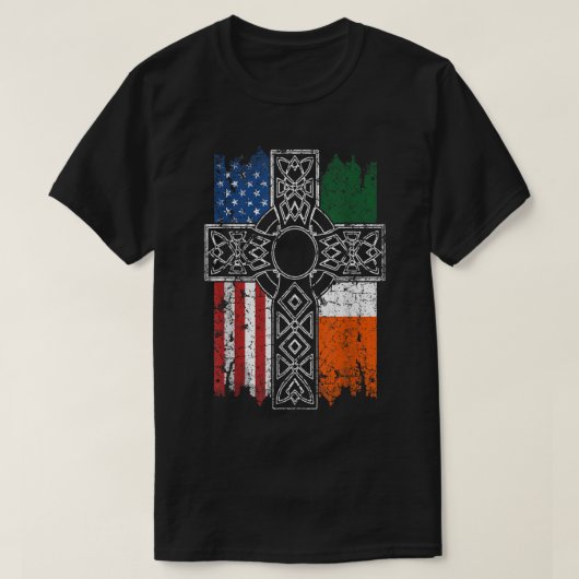アイルランド系アメリカ合衆国国旗ケルト十字セントパトリック Tシャツ (デザイン正面)
