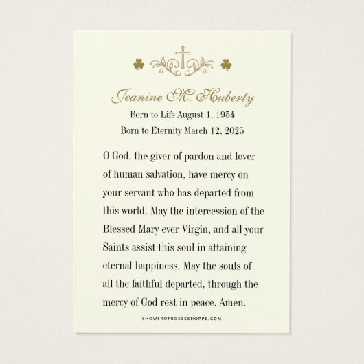 アイルランド金ゴールドカダグ葬儀祈りの言葉メモリアルカード (裏面)