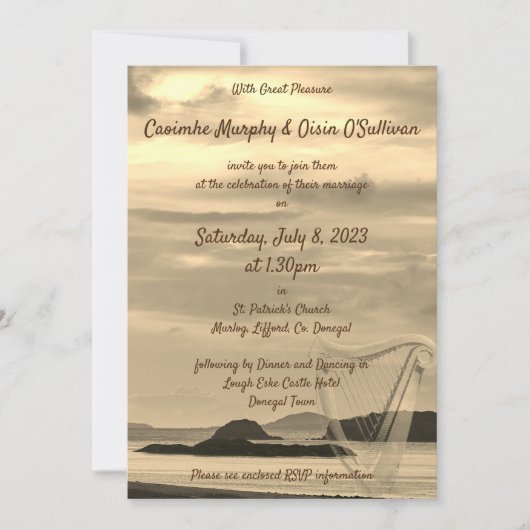 アイルランド風光明媚な結婚式招待状とアイリッシュハープ 招待状 (正面)
