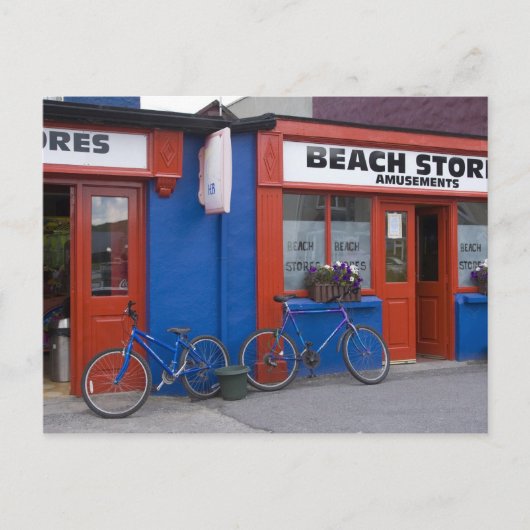 アイルランド、ストランドヒルの海辺の店舗と自転車 ポストカード (正面)