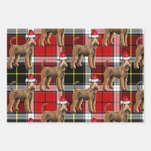 アイレおもしろいデールテリアクリスマスドッグホリデープレイド ラッピングペーパーシート (正面)