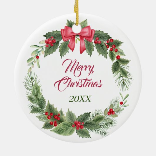 アイレデールテリアードッグレッドボウホリーリース セラミックオーナメント (裏面)