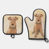 アイレデールテリア絵を描ーのかわいいオリジナルドッグアート 鍋つかみ&鍋敷きセット (正面)