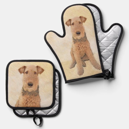アイレデールテリア絵を描ーのかわいいオリジナルドッグアート 鍋つかみ&鍋敷きセット (正面/裏面)